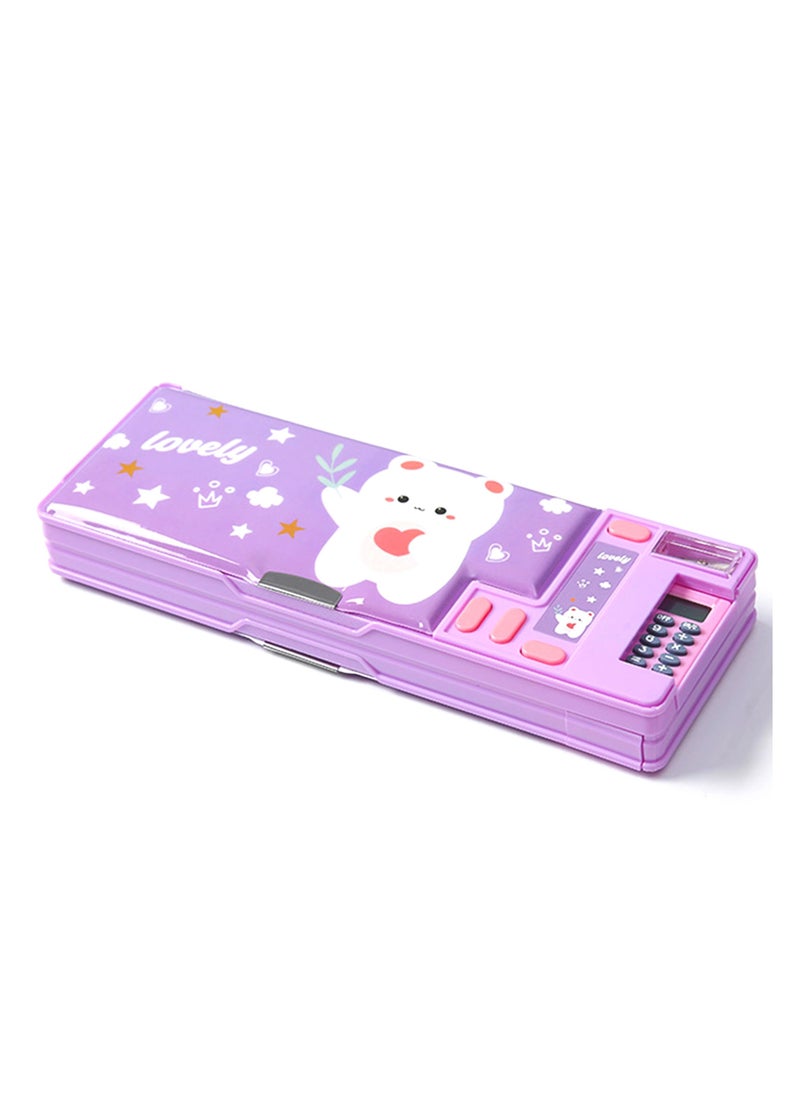 Generic Creative Multifunctional Pencil Case With Button Cartoon Pattern Pen Box Suitable For Children'S Stationery Set Suitable For Girls And Boys With Compartments, Pencil Sharpener (Teddy Bear) Purple  - Image 1