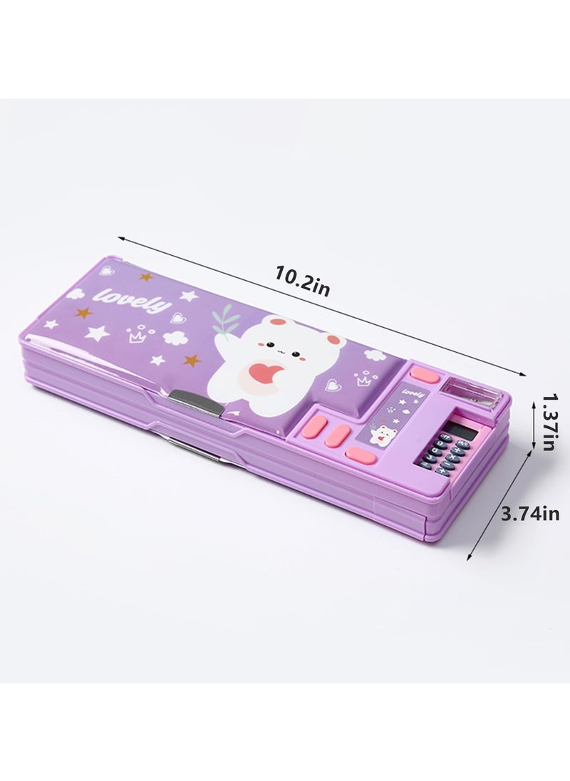 Generic - Creative Multifunctional Pencil Case With Button Cartoon Pattern Pen Box Suitable For Children'S Stationery Set Suitable For Girls And Boys With Compartments, Pencil Sharpener (Teddy Bear) Purple - Image 1