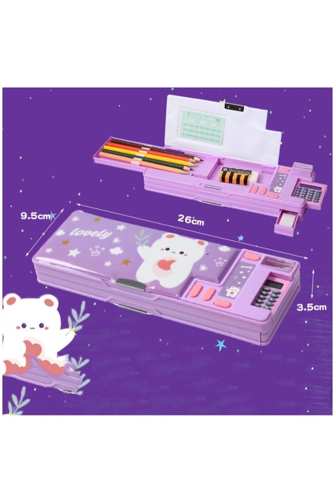 Creative Multifunctional Pencil Case With Button Cartoon Pattern Pen Box Suitable For Children'S Stationery Set Suitable For Girls And Boys With Compartments, Pencil Sharpener (Teddy Bear) Purple - Image 1