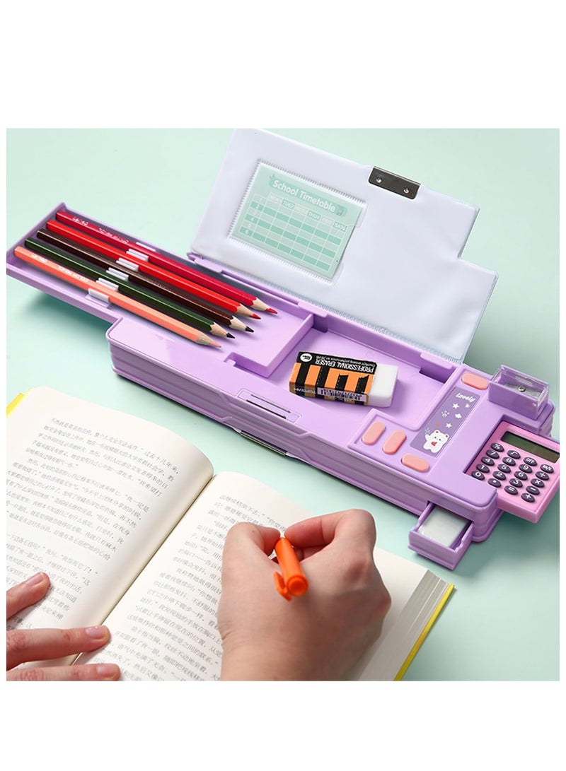 Creative Multifunctional Pencil Case With Button Cartoon Pattern Pen Box Suitable For Children'S Stationery Set Suitable For Girls And Boys With Compartments, Pencil Sharpener (Teddy Bear) Purple - Image 5