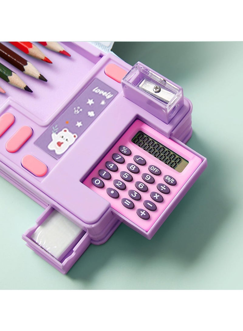 Creative Multifunctional Pencil Case With Button Cartoon Pattern Pen Box Suitable For Children'S Stationery Set Suitable For Girls And Boys With Compartments, Pencil Sharpener (Teddy Bear) Purple - Image 2