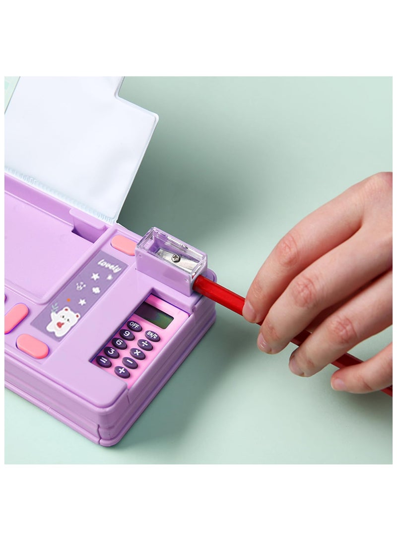 Creative Multifunctional Pencil Case With Button Cartoon Pattern Pen Box Suitable For Children'S Stationery Set Suitable For Girls And Boys With Compartments, Pencil Sharpener (Teddy Bear) Purple - Image 4