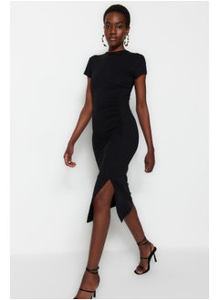 Black Ruffle and Slit Detailed Knitted Dress TWOSS23EL00777