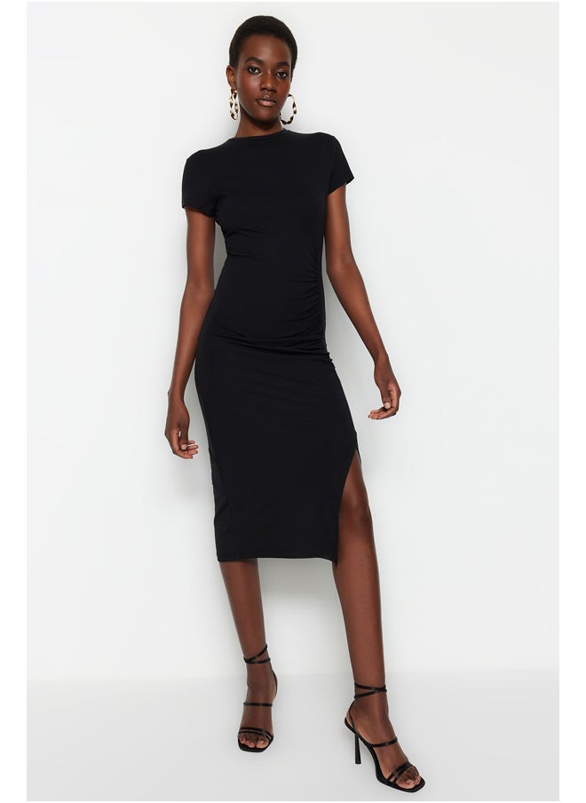 trendyol - Black Ruffle and Slit Detailed Knitted Dress TWOSS23EL00777 - Image 1
