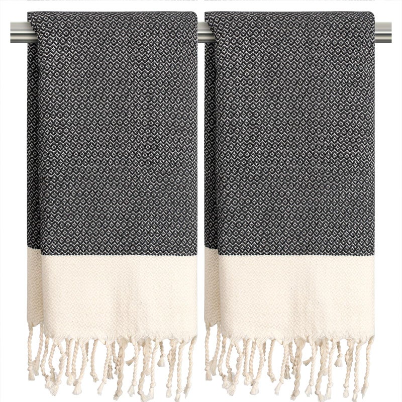 cabanana Cotton Turkish Hand Towels - Set of 2 | 16"x40"Hand Towels for Bathroom Boho Kitchen Tea Towels,Thin Decorative Bathroom Towel(New Black) - Image 1