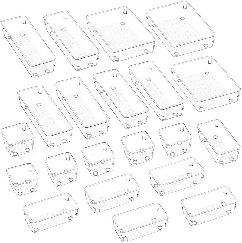 Kienlix Desk Drawer Organizer Trays Various Size Bathroom Organizer Storage Tray for Makeup Jewelries Utensils Bedroom Dresser Office and KitchenClear 21 Drawer - Image 1