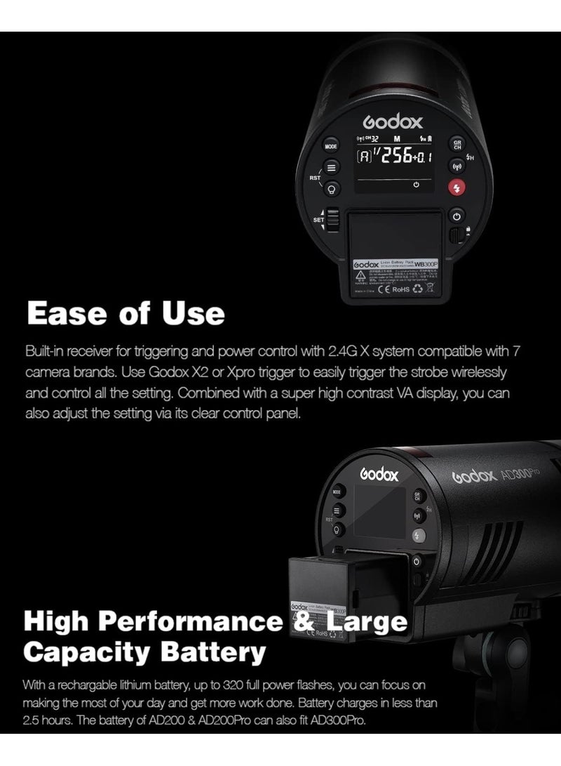 جودوكس فلاش جودوكس AD300Pro محمول بقوة 300 واط مزود بنظام لاسلكي 2.4 جيجاهرتز، بطارية ليثيوم قابلة لإعادة الشحن 2600 مللي أمبير، دعم TTL وHSS حتى 1/8000 ثانية، نطاق طاقة 9 مستويات، متوافق مع كاميرات كانون ونيكون وسوني وفوجي وفوجي فيلم وباناسونيك وأوليمبوس - Image 5