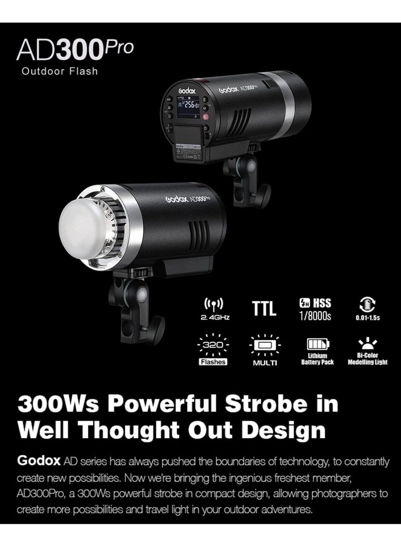 جودوكس فلاش جودوكس AD300Pro محمول بقوة 300 واط مزود بنظام لاسلكي 2.4 جيجاهرتز، بطارية ليثيوم قابلة لإعادة الشحن 2600 مللي أمبير، دعم TTL وHSS حتى 1/8000 ثانية، نطاق طاقة 9 مستويات، متوافق مع كاميرات كانون ونيكون وسوني وفوجي وفوجي فيلم وباناسونيك وأوليمبوس - Image 3