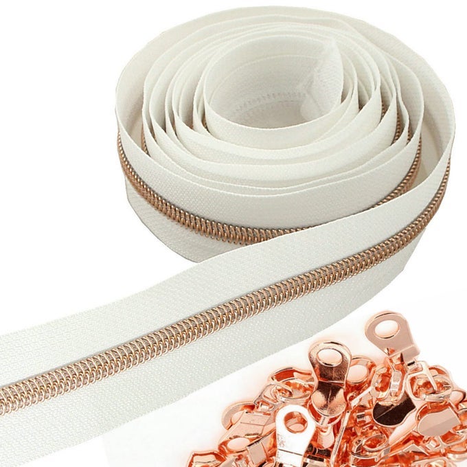 5 ROSE GOLD METALLIC NYLON COIL ZIPPERS BY THE YARD BULK 10 YARDS WHITE TAPE WITH 25PCS ROSE GOLD SLIDERS FOR DIY SEWING TAILOR CRAFT BAGWHITE