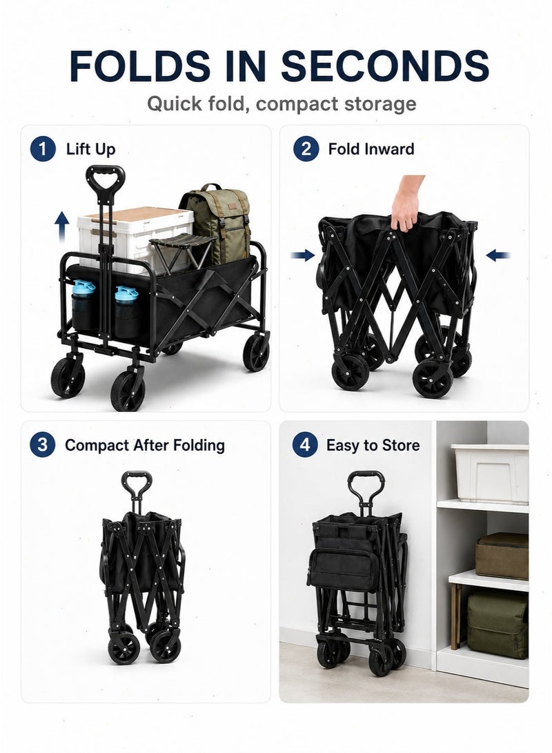 Yoawllty Foldable Shopping Cart, Collapsible Wagon Cart with 100 kg Capacity, 360 Degree Swivel Wheels and Adjustable Handle for Grocery, Camping and Beach, Black - Image 5