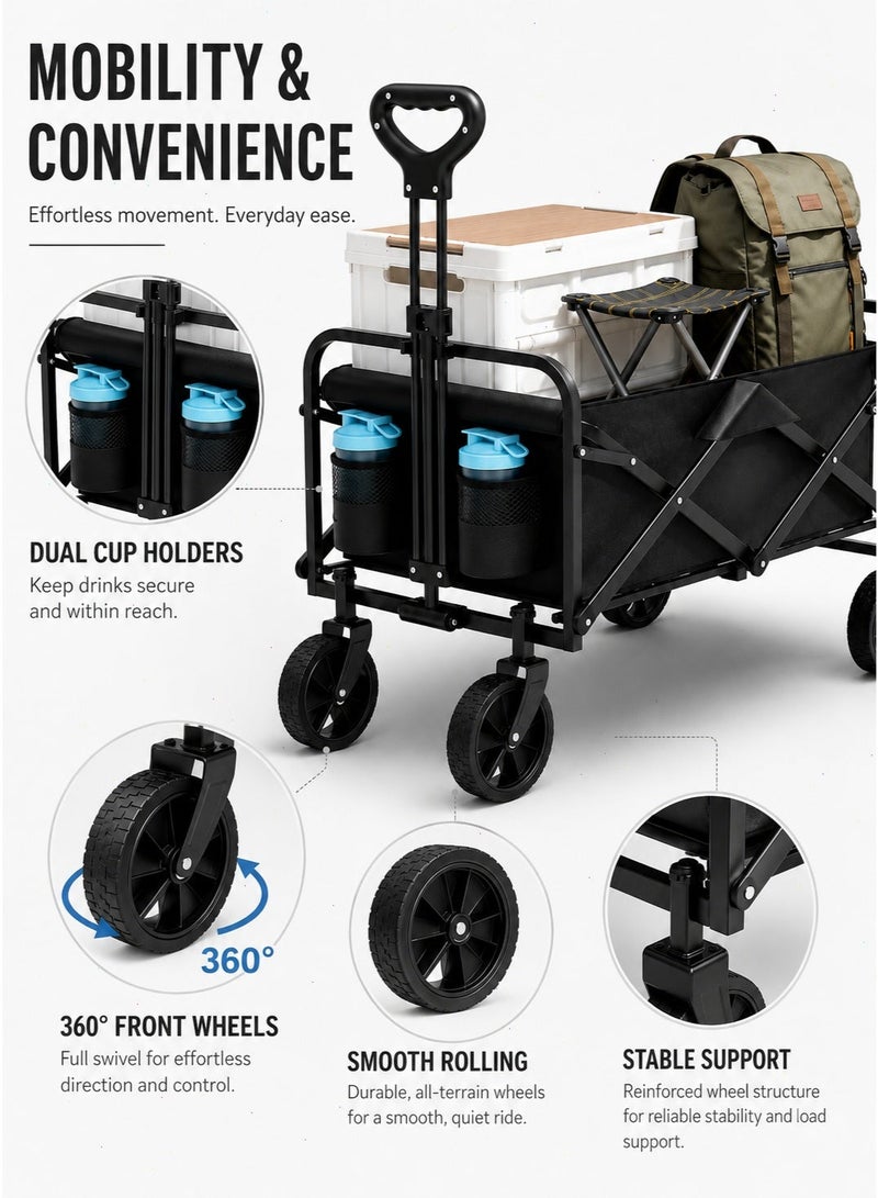 Yoawllty Foldable Shopping Cart, Collapsible Wagon Cart with 100 kg Capacity, 360 Degree Swivel Wheels and Adjustable Handle for Grocery, Camping and Beach, Black - Image 4