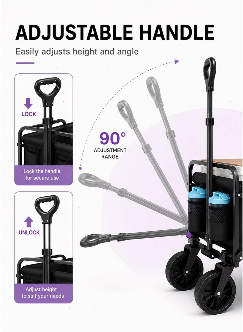 Yoawllty Foldable Shopping Cart, Collapsible Wagon Cart with 100 kg Capacity, 360 Degree Swivel Wheels and Adjustable Handle for Grocery, Camping and Beach, Black - Image 3