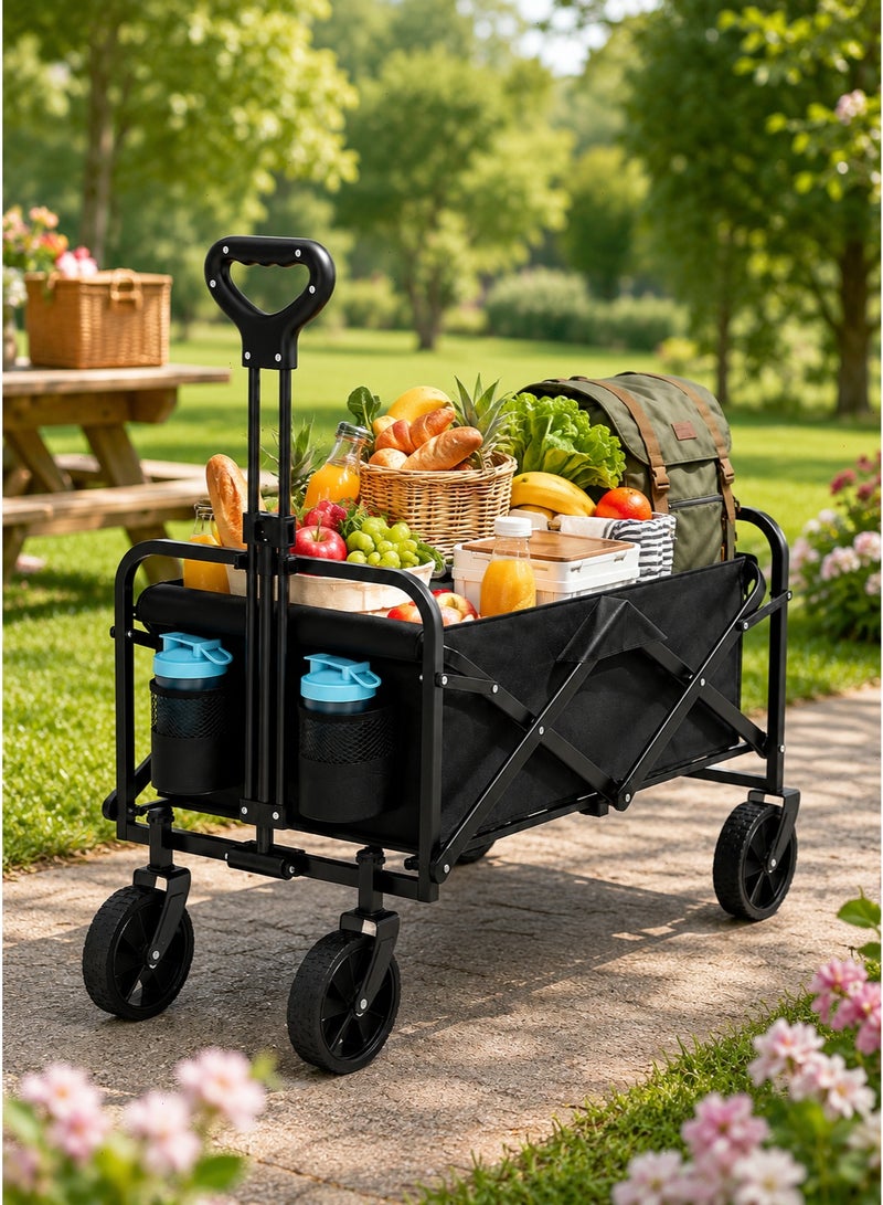 Yoawllty Foldable Shopping Cart, Collapsible Wagon Cart with 100 kg Capacity, 360 Degree Swivel Wheels and Adjustable Handle for Grocery, Camping and Beach, Black - Image 1