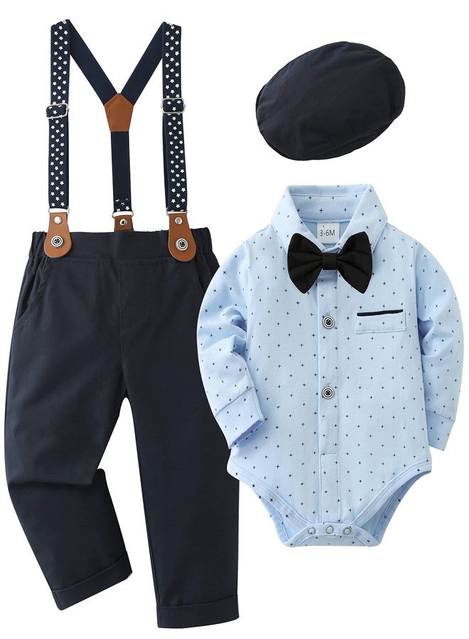 DISAUR Baby Boy Clothes Suits, Infant Gentleman Boy Outfit,Long Sleeve Shirts +Beret Hat + Suspender Pants + Bowtie 3-24M - Image 1