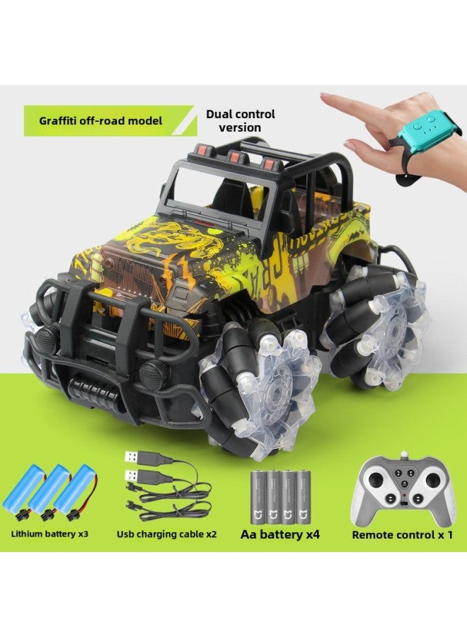 Loquat 2.4G Horizontal Off-road Vehicle Children's Electric Light Gesture Sensing Remote Control Car Rollover Drift Toy Car-Color:Graffiti Cross-country  Dual Remote Control (three Lithium) - Image 1