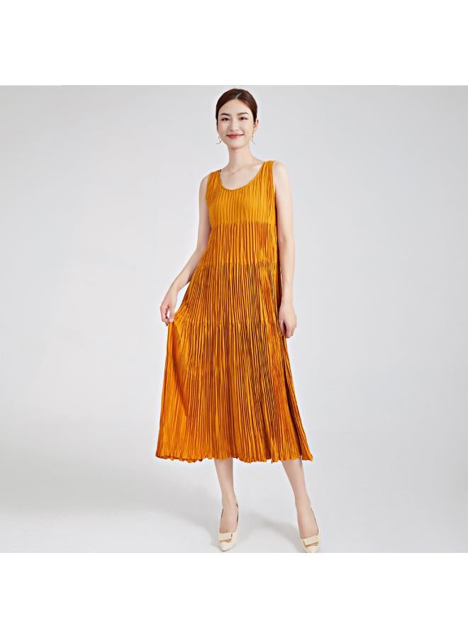Women's Summer Dress Round Neck Sleeveless Loose Draped Midi A- Line Dress Elegant Dress Miyake Pleated Dress 