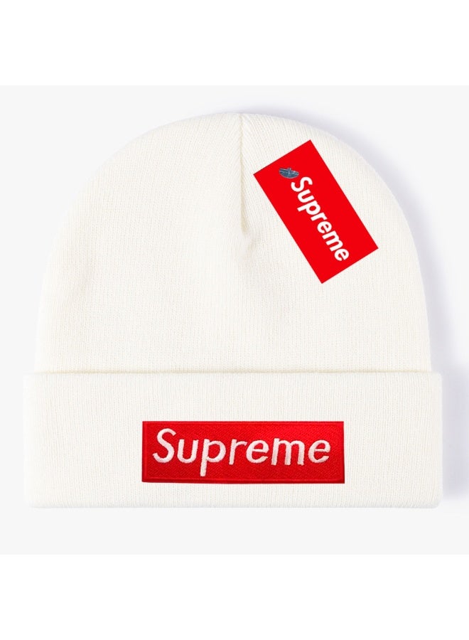 Supreme Red Box Logo Rib Knit Beanie (White)