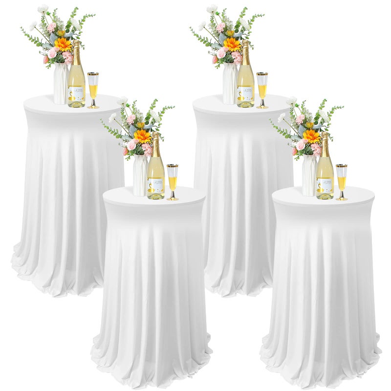 Tegeme Tegeme 4 Packs Round Spandex Cocktail Tablecloths with Skirt 32 x 43 Inch Cocktail Round Table Cover Spandex Stretch Square Tablecloth Skirt for Table Bar Wedding Party Banquet White