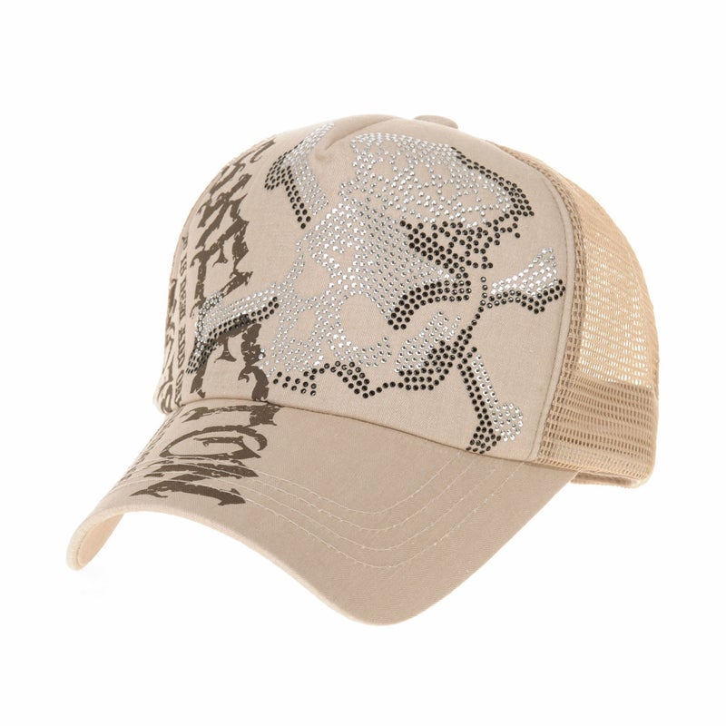 WITHMOONS Meshed Baseball Cap Skull Rhinestones Trucker Hat KR1751 (Beige) - Image 5