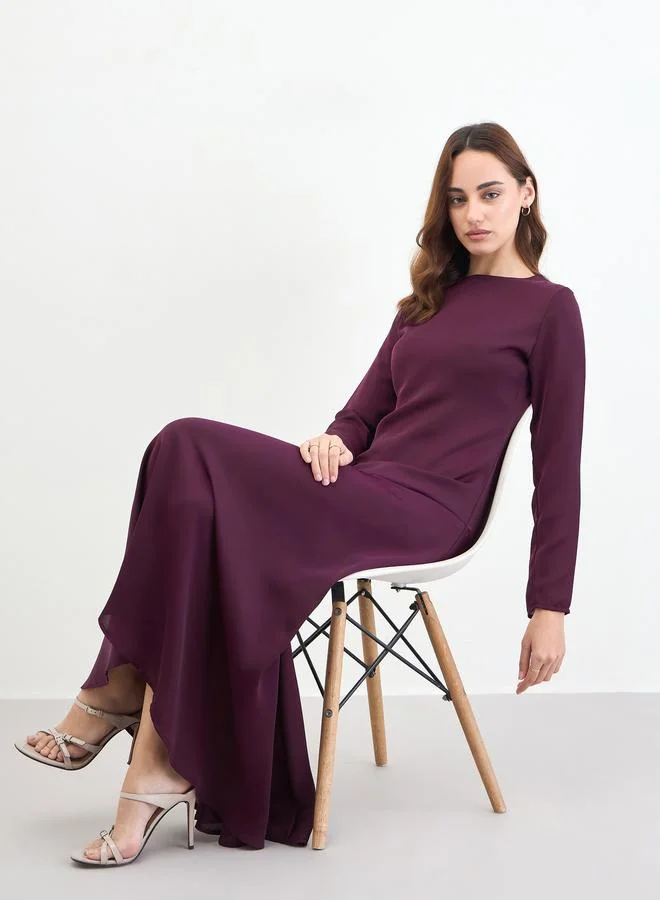 Styli Burgundy Long Sleeve A-Line Maxi Dress