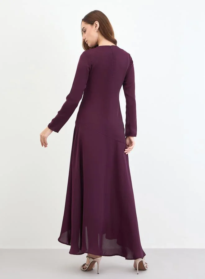 Styli Burgundy Long Sleeve A-Line Maxi Dress