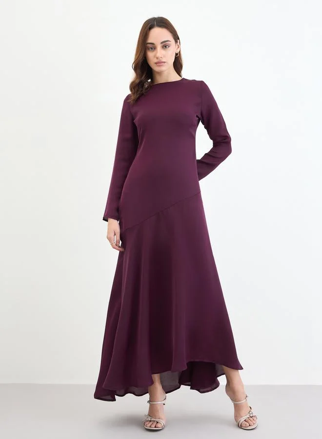 Styli Burgundy Long Sleeve A-Line Maxi Dress