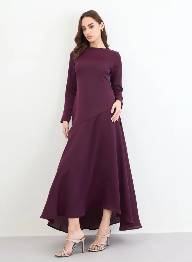 Styli Burgundy Long Sleeve A-Line Maxi Dress