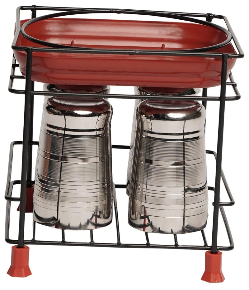 M2 ENTERPRISE Stainless Steel Round Base Matka Stand for Water Pot Kitchen Rack with Free Tray Cup Glass Dish Organizer Matka Stand For Kitchen with 4 Heavy Plastic Legs Flower Pot Container - Image 5