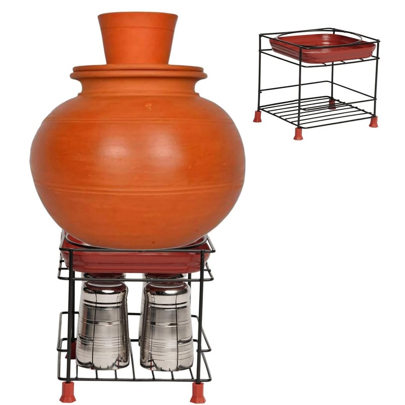M2 ENTERPRISE Stainless Steel Round Base Matka Stand for Water Pot Kitchen Rack with Free Tray Cup Glass Dish Organizer Matka Stand For Kitchen with 4 Heavy Plastic Legs Flower Pot Container - Image 1