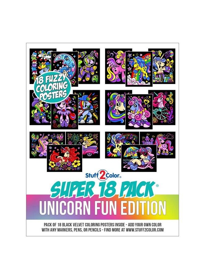 Stuff2Color - Super Pack Of 18 Fuzzy Velvet Coloring Posters (Unicorn Fun Edition) Great For Family Time Arts And Crafts Travel Quiet Time Sharing Parties [All Ages: Kids Girls Adults Toddlers Teens] - Image 1