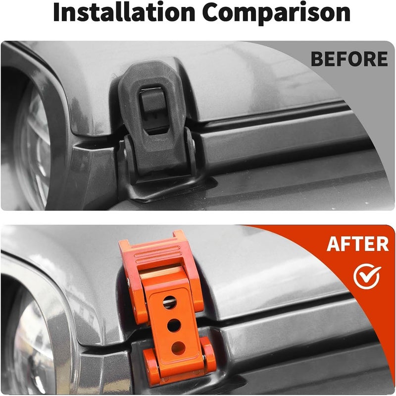 JWWY Aluminum Hood Latches for Jeep Wrangler & Gladiator - Lock Kit Compatible with JK/JKU 2007-2017, JL/JLU 2018-2024, JT 2020-2024 - Orange - Image 2