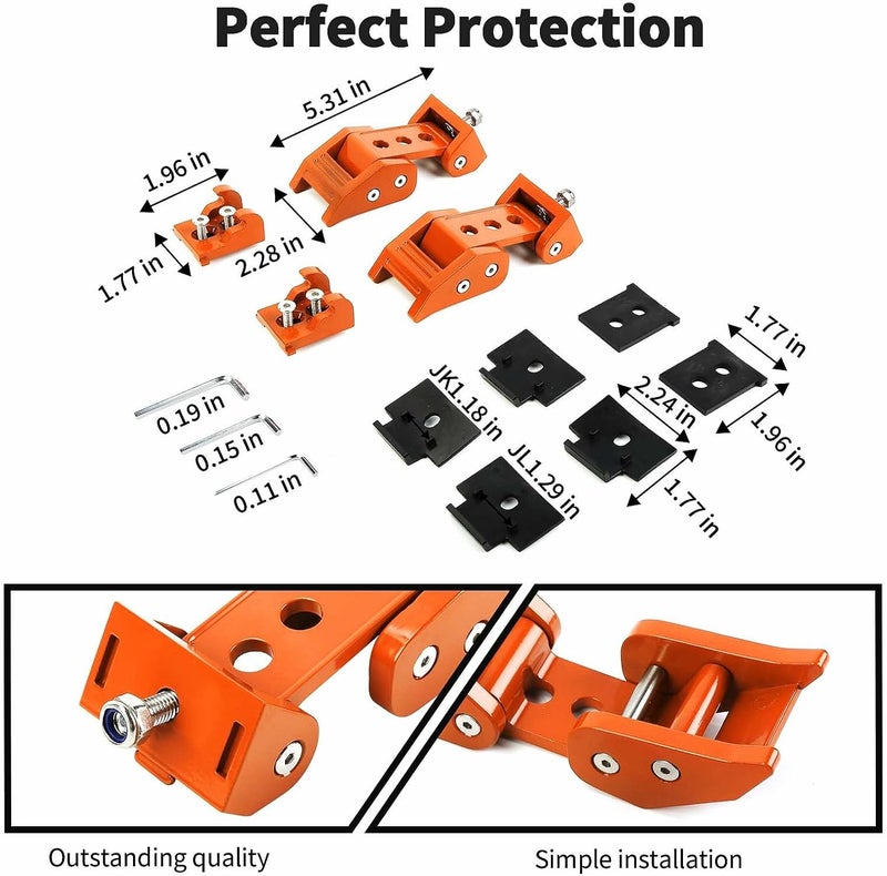 JWWY Aluminum Hood Latches for Jeep Wrangler & Gladiator - Lock Kit Compatible with JK/JKU 2007-2017, JL/JLU 2018-2024, JT 2020-2024 - Orange - Image 5