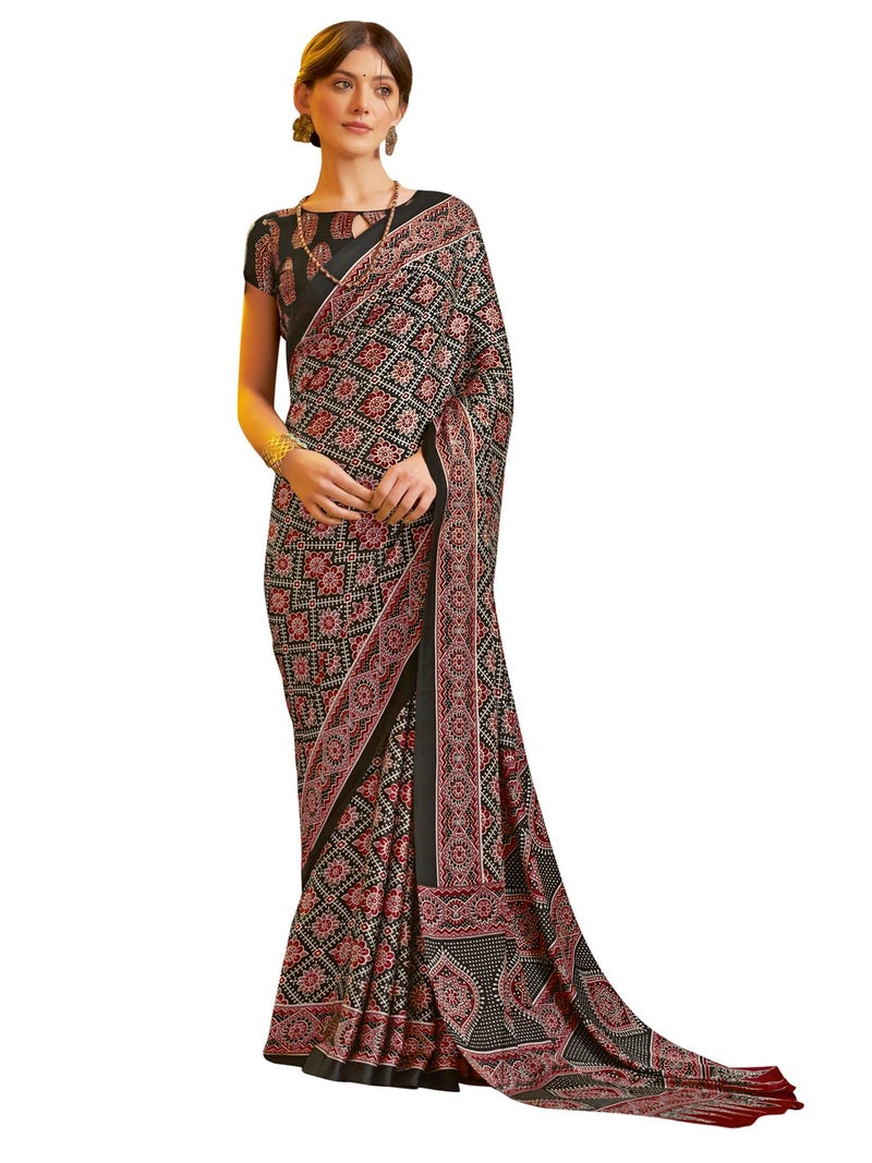 SAREE MALL Women's Ajrak Crepe Satin Printed Saree With Unstitched Blouse Piece(Black_MOHAR203B_HS) - Image 1