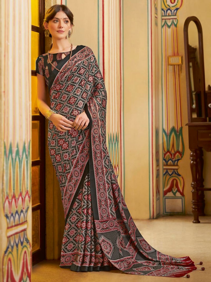 SAREE MALL Women's Ajrak Crepe Satin Printed Saree With Unstitched Blouse Piece(Black_MOHAR203B_HS) - Image 2