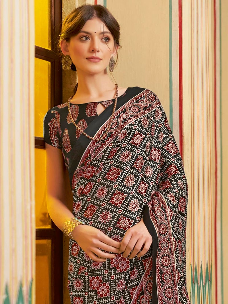 SAREE MALL Women's Ajrak Crepe Satin Printed Saree With Unstitched Blouse Piece(Black_MOHAR203B_HS) - Image 4