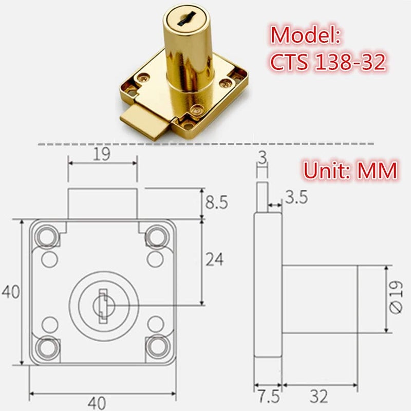 Junrbx Drawer Lock Letter Box Desktop Door Lock, Model CT-138-32, (Hole Diameter 0.75 Inch / 19MM) for 27-32 MM Door Panels, 1 Piece [Gold Yellow] - Image 3