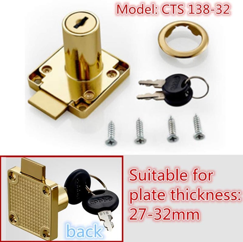 Junrbx Drawer Lock Letter Box Desktop Door Lock, Model CT-138-32, (Hole Diameter 0.75 Inch / 19MM) for 27-32 MM Door Panels, 1 Piece [Gold Yellow] - Image 2