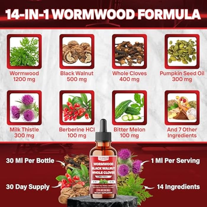 Tenmido 14in1 Wormwood Tincture - Wormwood Black Walnut Clove Extract with Pumpkin Seed Oil, Milk Thistle, Berberine HCl, Bitter Melon, Turmeric Curcumin, Ceylon Cinnamon & More - 30 Days Supply - 1 FL Oz - Image 5