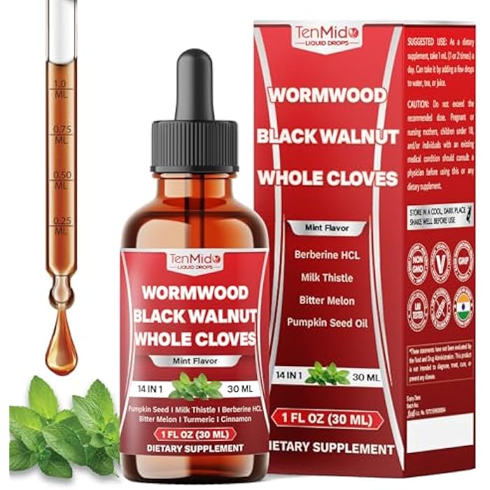 Tenmido 14in1 Wormwood Tincture - Wormwood Black Walnut Clove Extract with Pumpkin Seed Oil, Milk Thistle, Berberine HCl, Bitter Melon, Turmeric Curcumin, Ceylon Cinnamon & More - 30 Days Supply - 1 FL Oz - Image 1