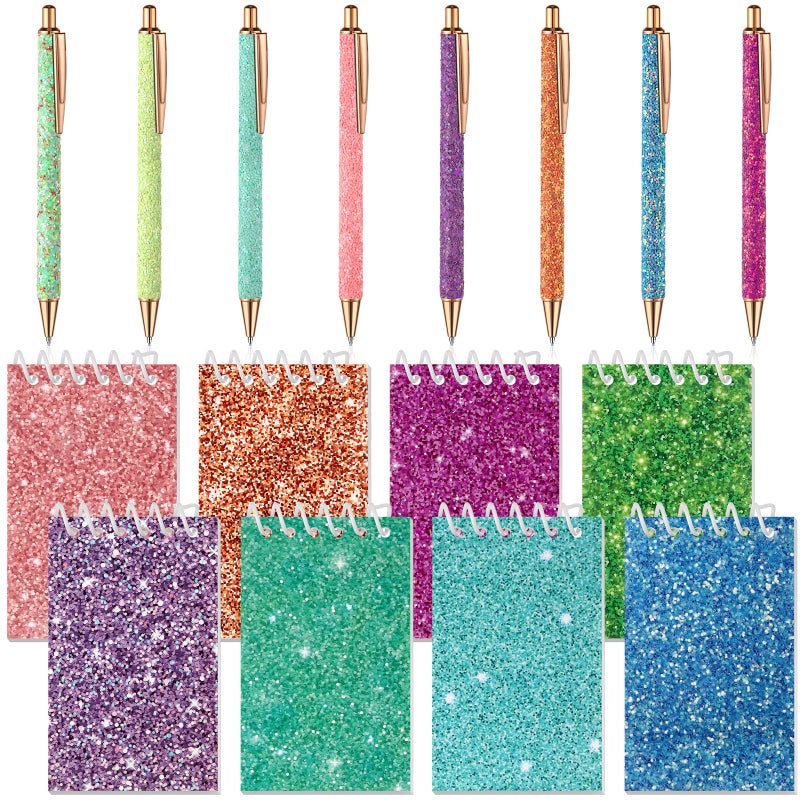 Sherr 16 Pcs Glitter Pens and Notebooks Set Mini Spiral Notepads Fancy Pens for Kids Girls Women Sparkly Sequins Journaling Ballpoint Christmas Birthday Gift Classroom RewardsClassic Color - Image 2