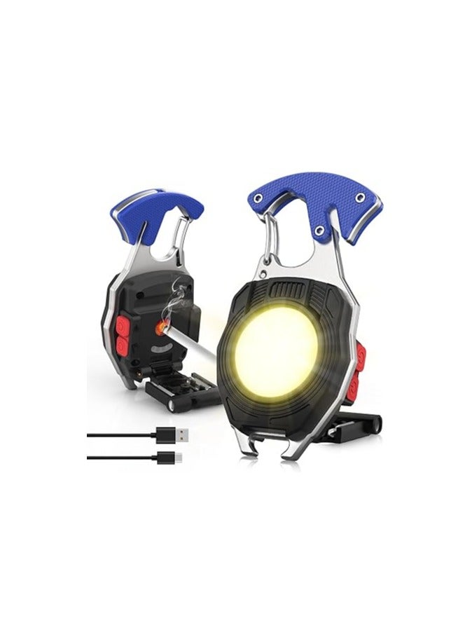 كشاف عمل صغير مع ميدالية مفاتيح – 7 أوضاع، كشاف COB قابل لإعادة الشحن 800 لومن، مقاوم للماء IPX5 مع قاعدة مغناطيسية، فتاحة زجاجات، صافرة وشفره – ضوء محمول للطوارئ والتخييم