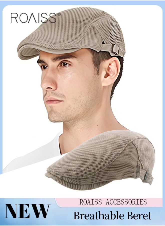 roaiss - Adjustable Newsboy Cap for Men Vintage Beret Flat Cap Breathable Mesh Hat Mens Summer Hat Golf Fishing Hat (Khaki, One Size) - Image 1