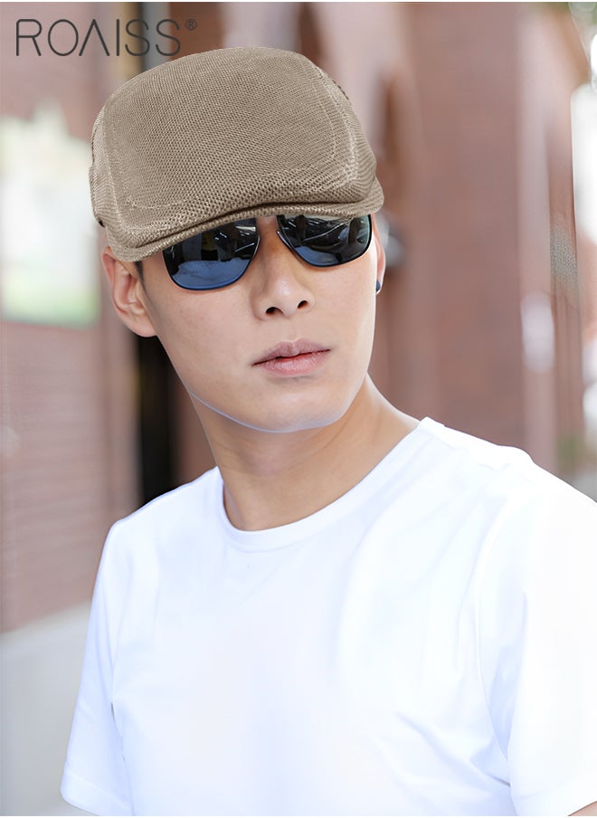 roaiss - Adjustable Newsboy Cap for Men Vintage Beret Flat Cap Breathable Mesh Hat Mens Summer Hat Golf Fishing Hat (Khaki, One Size) - Image 1