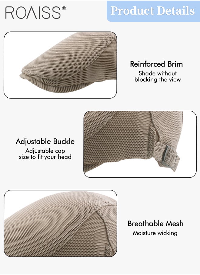 roaiss - Adjustable Newsboy Cap for Men Vintage Beret Flat Cap Breathable Mesh Hat Mens Summer Hat Golf Fishing Hat (Khaki, One Size) - Image 1