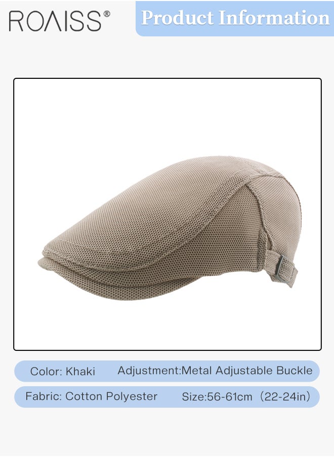 roaiss - Adjustable Newsboy Cap for Men Vintage Beret Flat Cap Breathable Mesh Hat Mens Summer Hat Golf Fishing Hat (Khaki, One Size) - Image 1