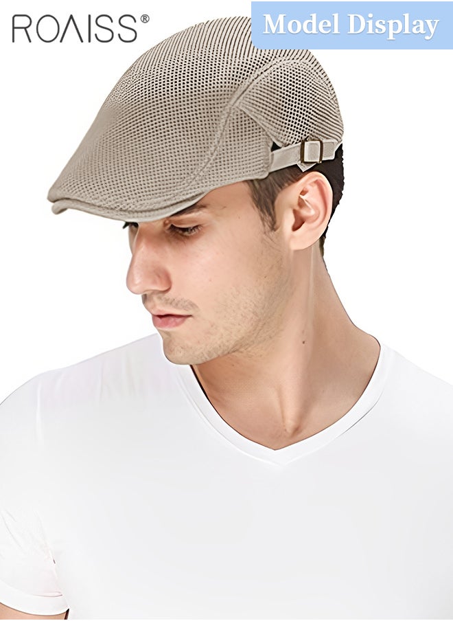 roaiss - Adjustable Newsboy Cap for Men Vintage Beret Flat Cap Breathable Mesh Hat Mens Summer Hat Golf Fishing Hat (Khaki, One Size) - Image 1