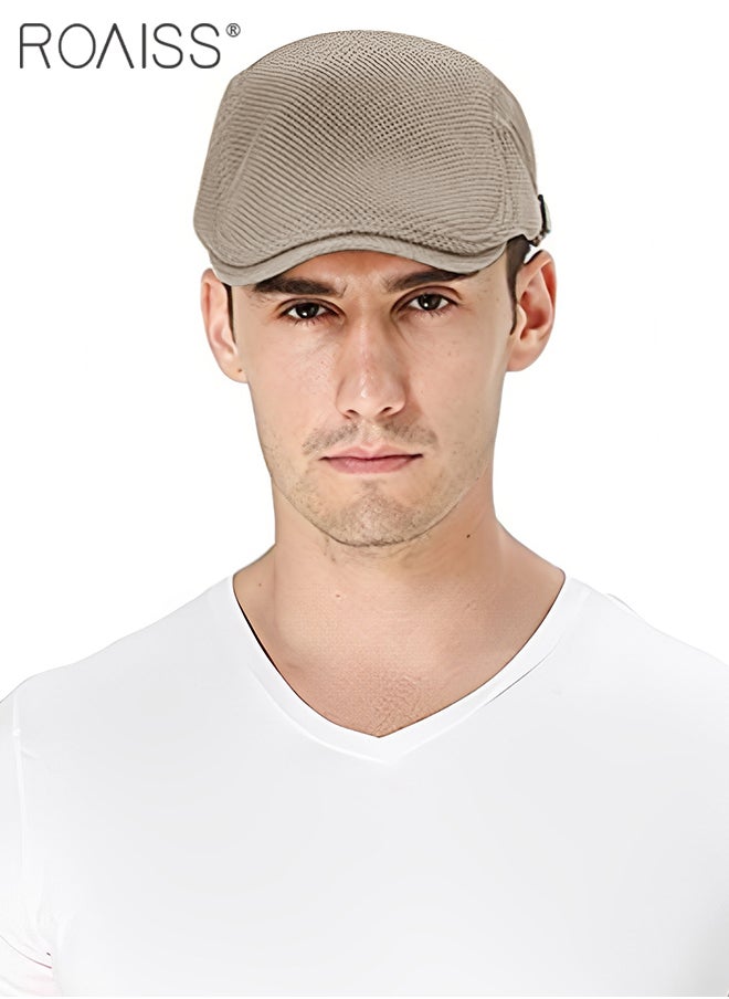 roaiss - Adjustable Newsboy Cap for Men Vintage Beret Flat Cap Breathable Mesh Hat Mens Summer Hat Golf Fishing Hat (Khaki, One Size) - Image 1