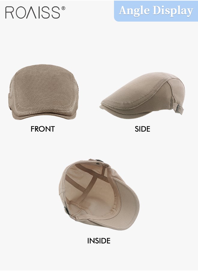 roaiss - Adjustable Newsboy Cap for Men Vintage Beret Flat Cap Breathable Mesh Hat Mens Summer Hat Golf Fishing Hat (Khaki, One Size) - Image 1