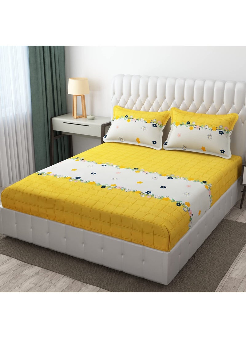 Legacy LEGACY 100% Glace Cotton 204 TC Elastic Fitted Bedsheet King Size Bed with 2 Pillow Cover Soft Glace Cotton Bed Cover in Fitted Bedsheet (Size 78x72x8 Inch) (Yellow) 