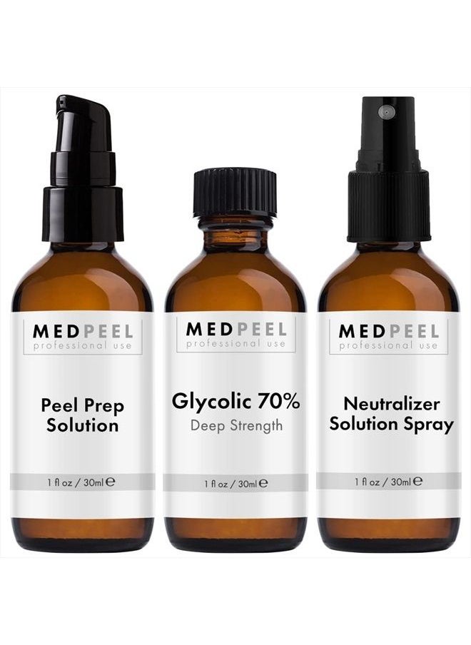Medpeel - MedPeel Glycolic Acid 70% Essential Peel Kit, Includes Peel, Prep and Neutralizer, Professional, Deep Strength Chemical Face Peel, Minimize Pores Wrinkles, 1oz/ 30ml (Kit of 3) - Image 1